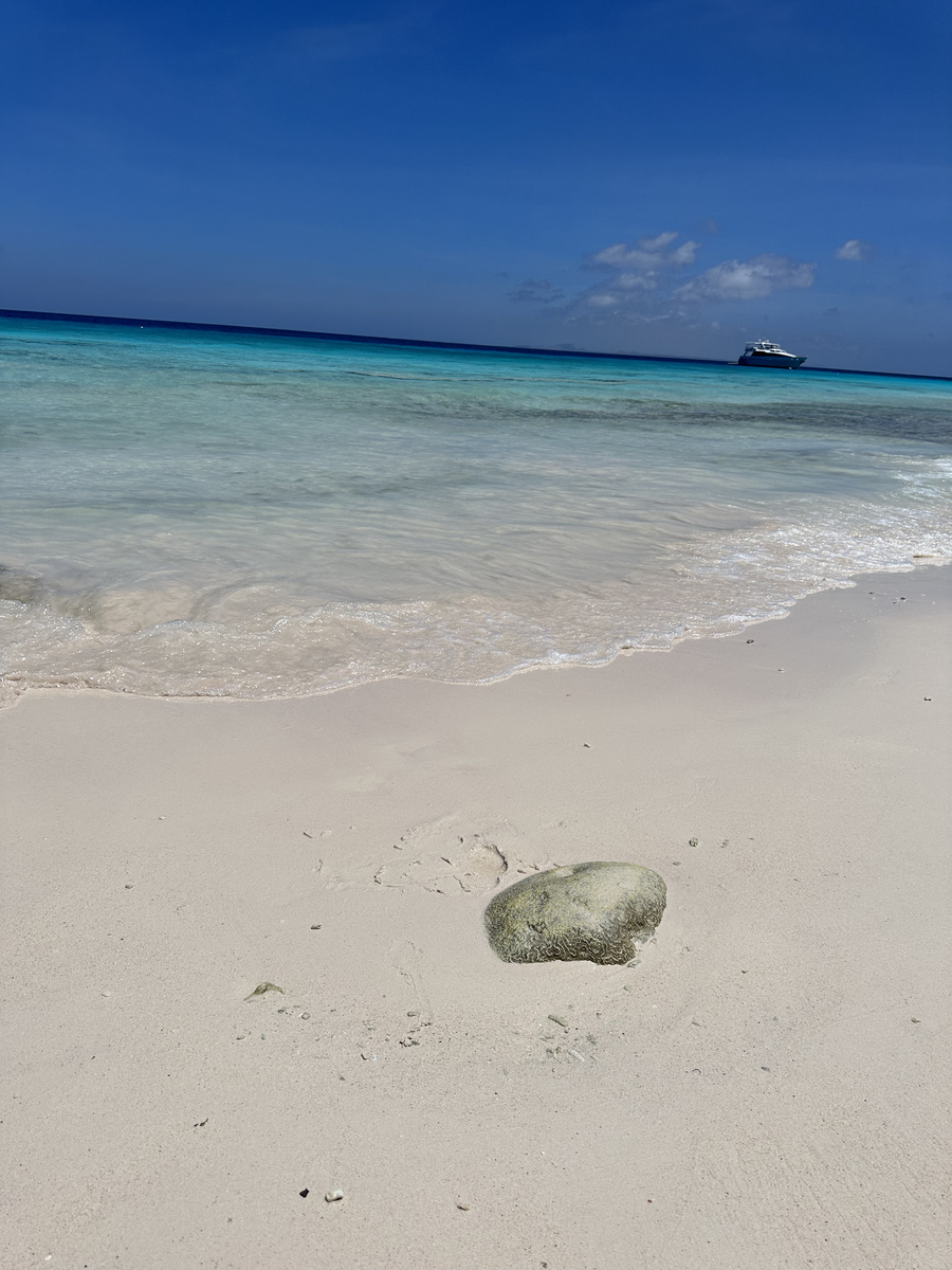 Pale sand and clear shallow water on Klein Curaçao, with a catamaran offshore.