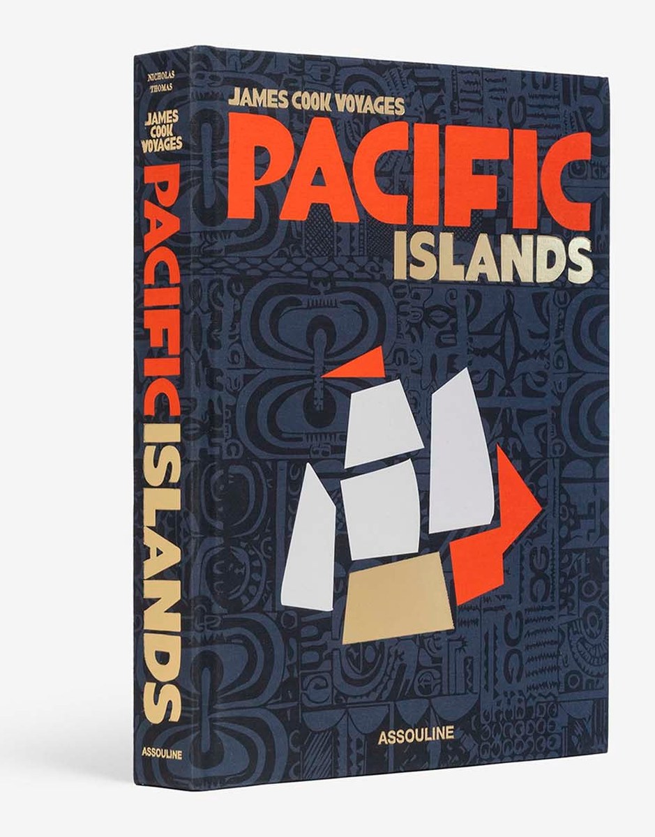 The navy linen Pacific Islands: James Cook Voyages hardcover by Assouline, with bold orange lettering, a stylised sailing ship and a Polynesian-patterned ground, its spine visible.
