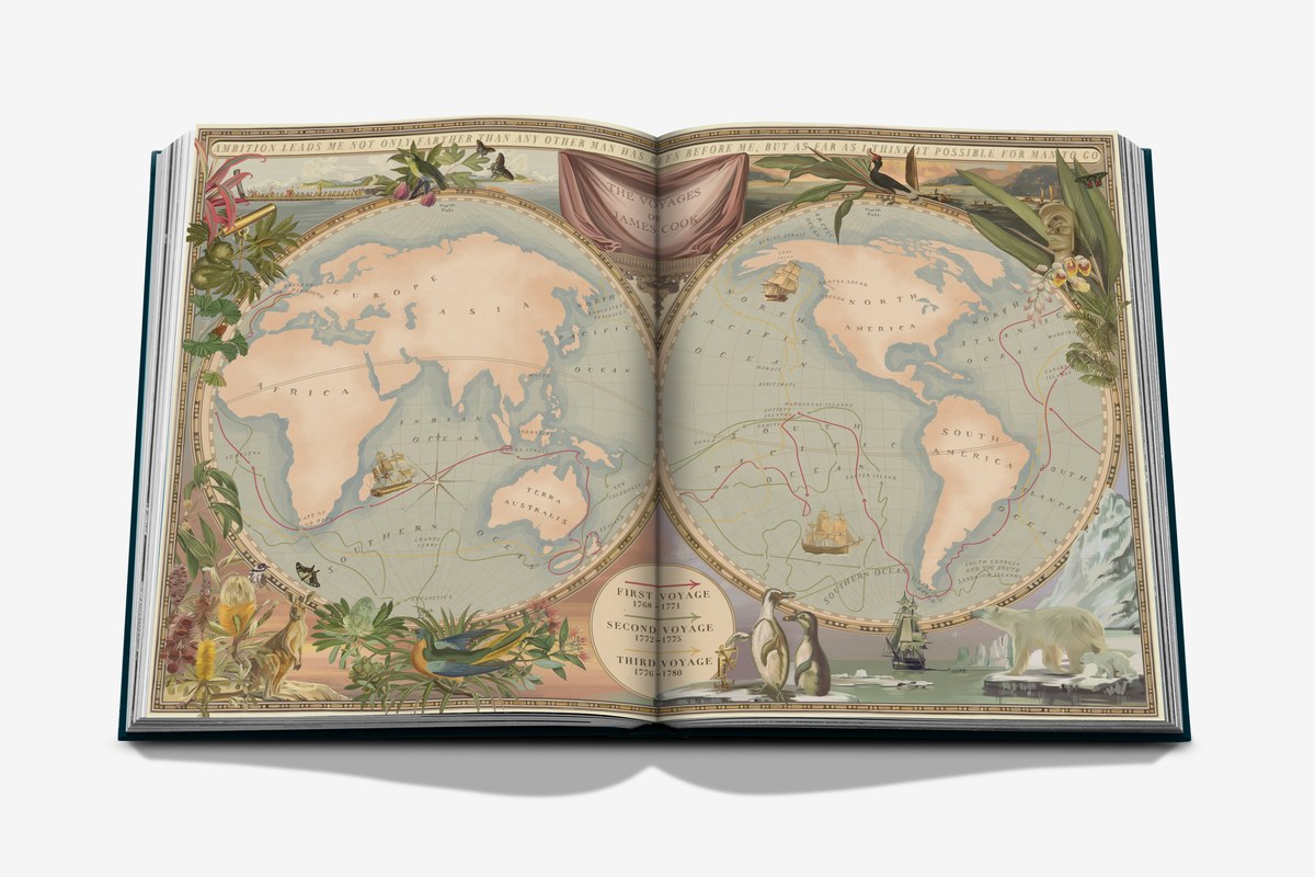 An open spread from Pacific Islands, showing a twin-hemisphere map of James Cook’s three voyages framed by Pacific plants, birds and animals.