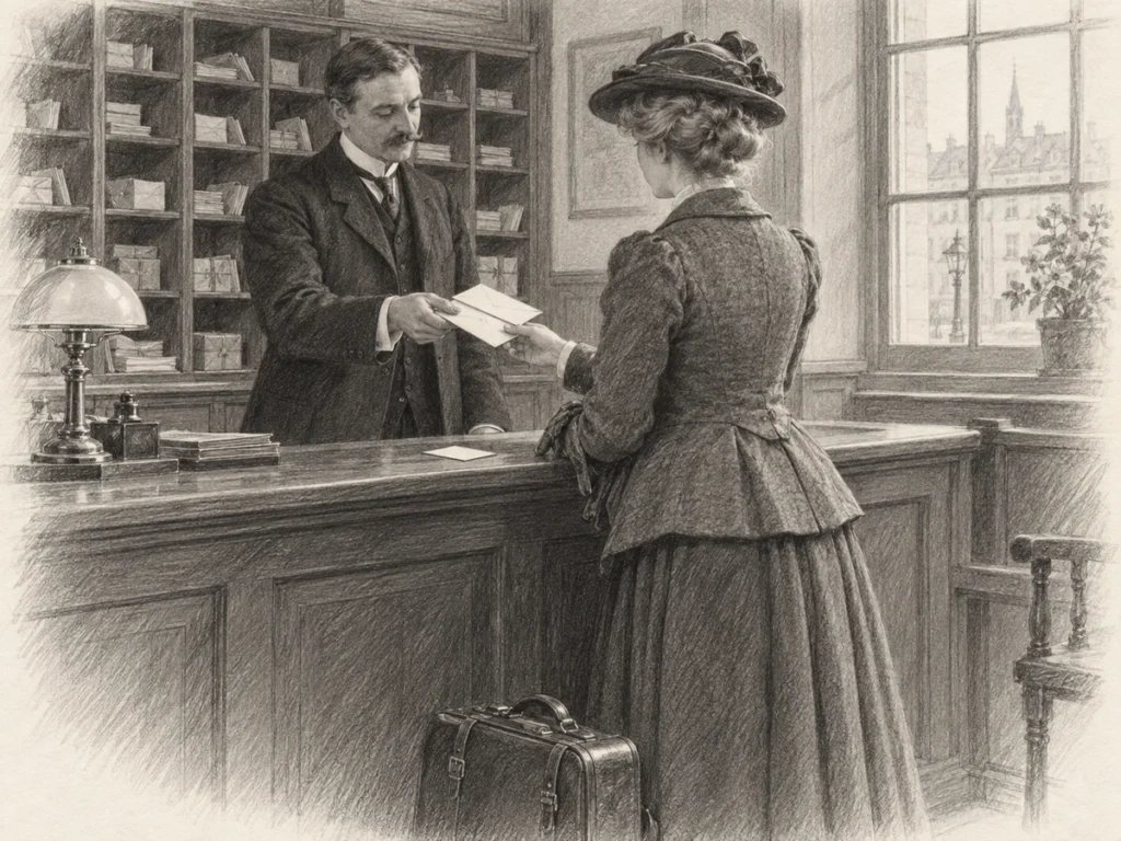 A woman traveller receives envelopes from a clerk at a wooden postal counter, with a travelling case at her feet.