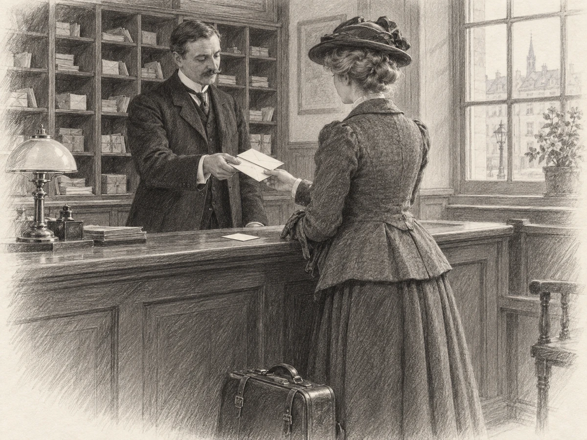 A woman traveller receives envelopes from a clerk at a wooden postal counter, with a travelling case at her feet.