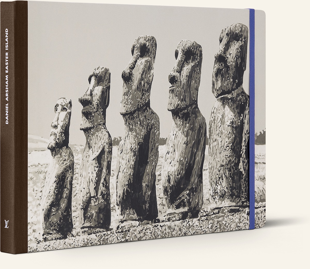 Daniel Arsham’s Easter Island Travel Book, with a brown cloth spine and an illustrated moai cover.