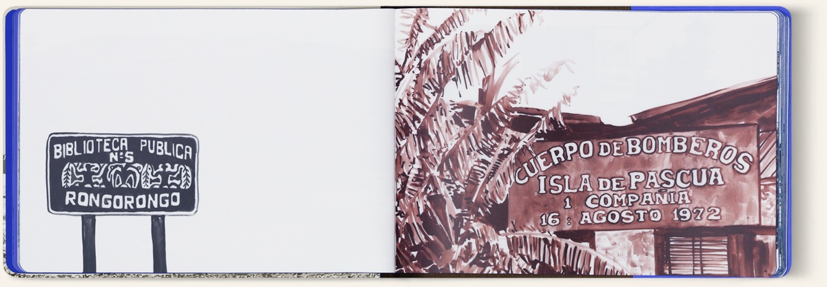 An open Easter Island Travel Book spread with Daniel Arsham’s drawings of a library sign and the island’s fire station.