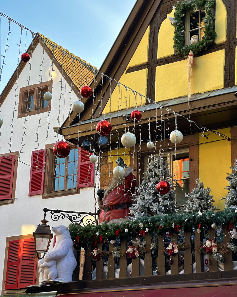 Christmas ornaments and fir trees decorate a yellow half-timbered house beside a white house with red shutters in Riquewihr.