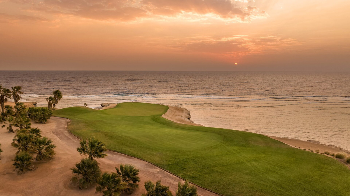 Somabay’s fifth green projects towards the Red Sea, with palm trees along the sandy coast.