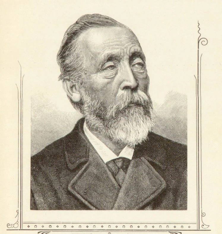Engraved portrait of Heinrich von Stephan with swept-back hair, a full beard, dark coat and tie.