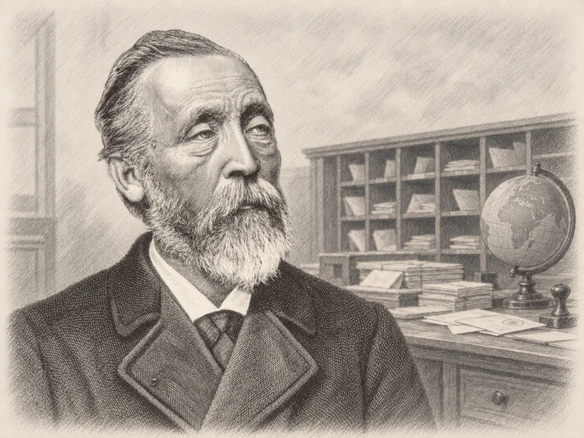 Graphite portrait of Heinrich von Stephan with postal pigeonholes, envelopes and a globe behind his right shoulder.