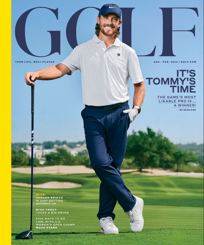 GOLF January–February 2026 cover with Tommy Fleetwood leaning on a golf club beneath the headline It’s Tommy’s Time.
