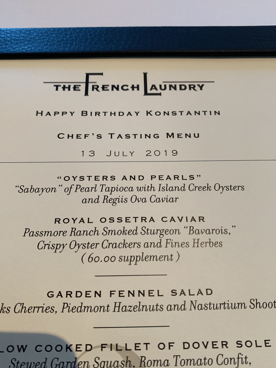 The French Laundry chef’s tasting menu, dated 13 July 2019.