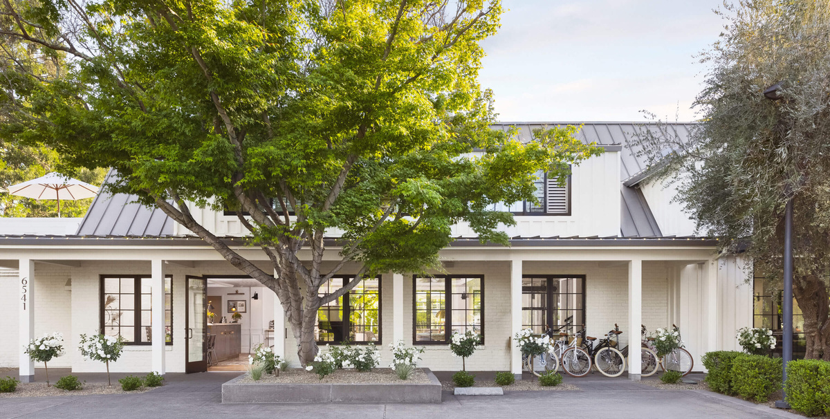 Vintage House’s white exterior shaded by a large tree, with bicycles beside the entrance.