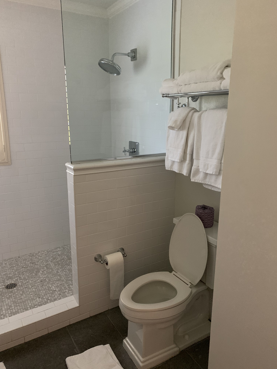 Walk-in shower and towel rail in our Vintage House bathroom.