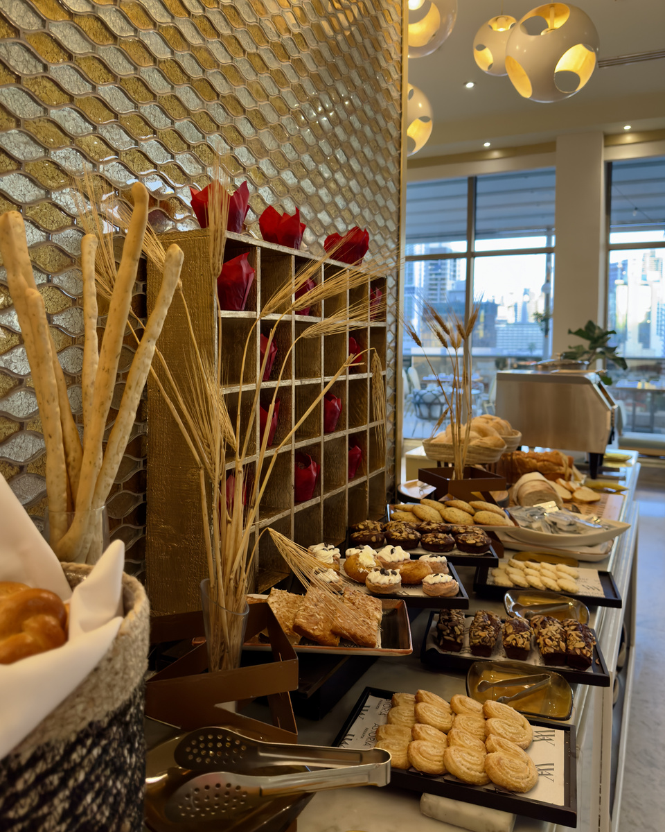Bread and pastries displayed on the hotel’s breakfast buffet.