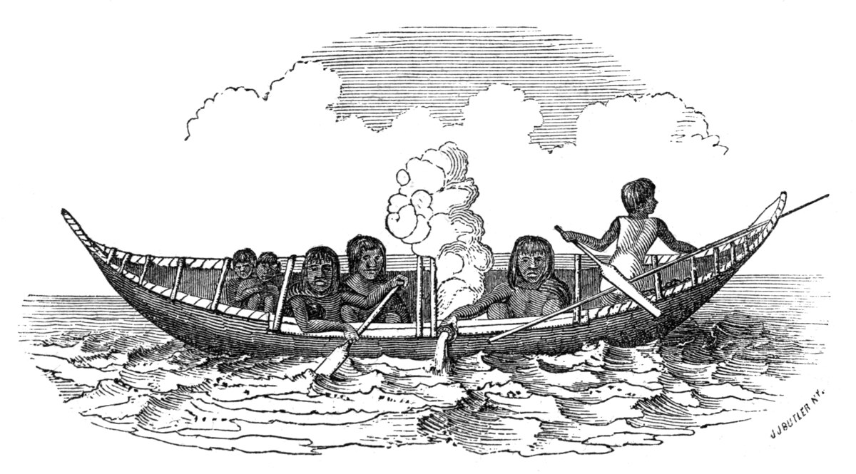 Engraving of a Yámana family paddling a bark canoe on choppy water, smoke rising from a fire in the middle of the boat.